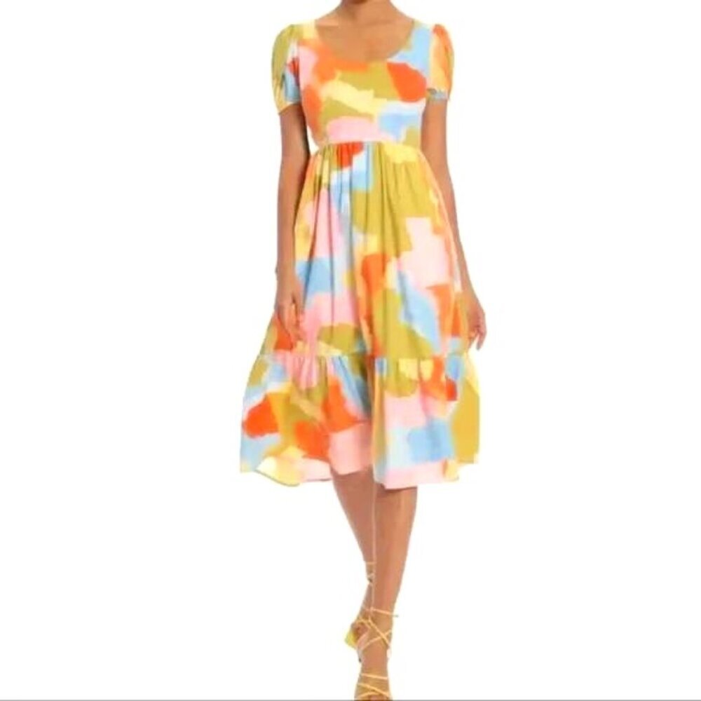 Donna Morgan | Midi Dress Short Sleeve Abstract Print in Blue Citronella| US 2